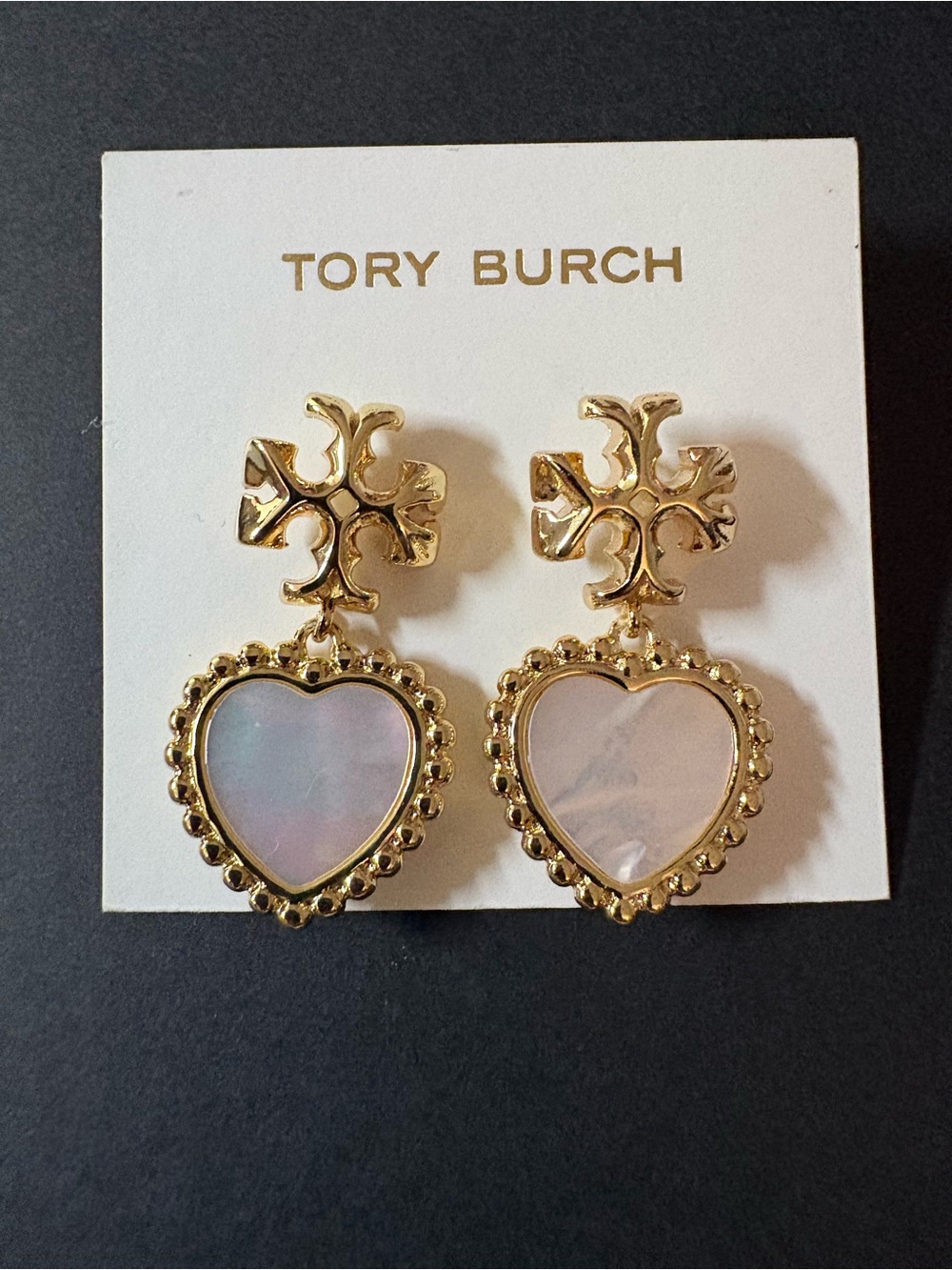 Tory Burch Gold Heart Drop Earrings with Iridescent Hearts